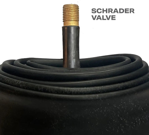 Close-up of Heavy Duty 20x4.0 Fat Bike Inner Tube with 32mm Schrader Valve, coiled tube ready for mountain bike use.