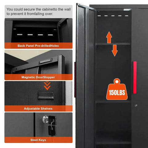 Ultimate Garage Gear Up Storage System with Steel Cabinets displaying pre-drilled holes, magnetic door stopper, adjustable shelves, steel keys.