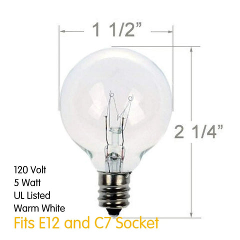 G40 Globe Bulbs 5W E12 Screw Base 1.5 Inch Warm White Edison Style Replacements For String Lights, bulb measurements shown