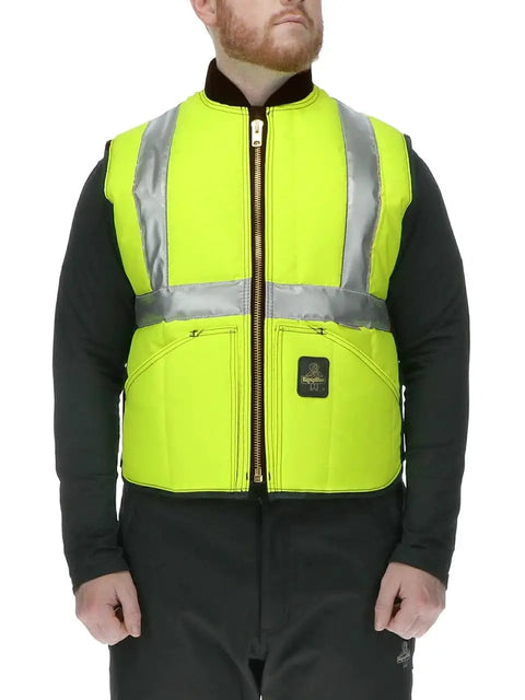 Men's Tough As Nails Cold Weather Safety Vest High Viz Lime ANSI Class Two Rated Down To Minus Fifty Degrees Insulated Collar Water Repellent Tear Proof Daily Grind Workwear Medium shown on model