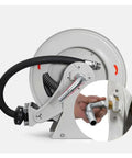 One Inch Heavy Duty Automatic Hose Reel Built Tough As Nails For Grip And Go Water Retrieval Plus Hassle Free Rolling Back side view with hose attachment.