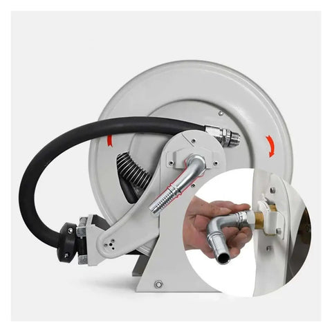 One Inch Heavy Duty Automatic Hose Reel Built Tough As Nails For Grip And Go Water Retrieval Plus Hassle Free Rolling Back side view with hose attachment.