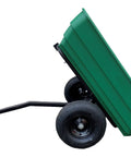 Side view of Dumping Lawn And Garden Utility Trailer with 6.5 Cubic Foot Poly Tray tilted, showing durable powder-coated steel frame.
