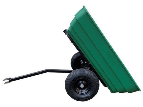 Side view of Dumping Lawn And Garden Utility Trailer with 6.5 Cubic Foot Poly Tray tilted, showing durable powder-coated steel frame.