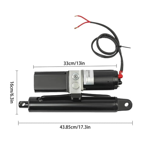Straight-Shooting 800 Watt Electric Linear Actuator, 2 Ton Push Pull Workhorse, DC 12V with dimensions showing its compact size.