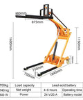 Heavy Duty Electric Pallet Stacker Lift 170cm Foldable Design 500-700kg Capacity with dimensions and features listed.