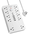 Surge Protector Power Strip With 10 Outlets And 6 USB Ports Including 2 USB-C, 6 Ft Heavy Duty Extension Cord, Wall Mount, 1850W 15A Overload Protection, ETL Listed For Home Or Dorm Room. White power strip with 10 outlets and USB ports