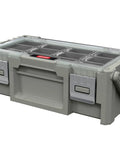 Olive Green Cantilever Tool Box Organizer With 18 Removable Bins For Easy Hardware Storage, clear lid, heavy duty metal latches
