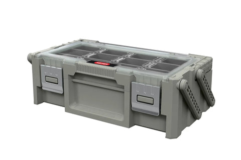 Olive Green Cantilever Tool Box Organizer With 18 Removable Bins For Easy Hardware Storage, clear lid, heavy duty metal latches