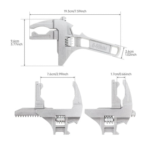 Stubby Adjustable Wrench With Wide Jaw Opening Aluminum Alloy Heavy Duty Spanner measurements and angles for repairs.