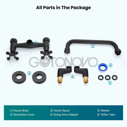 Wall Mount Kitchen Sink Faucet With Double Cross Handles, 360 Degree Rotatable Spout parts set, including washers and teflon tape
