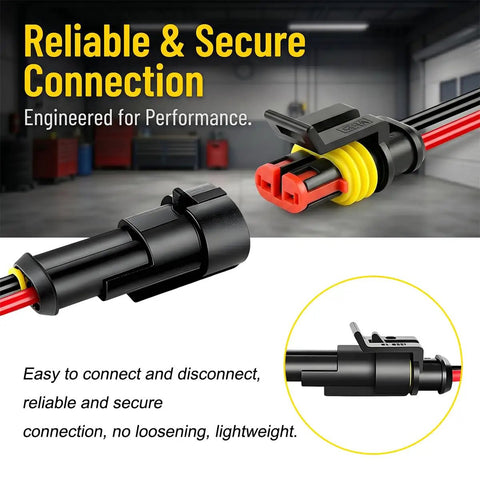 Top Tier 10 Set Of Premium 14 Awg Two Pin Electrical Connector Kits Made With Durable Copper And Nylon For Rock Solid Current Transmission And Easy Plugging. Black two-pin connector with yellow seal and wires