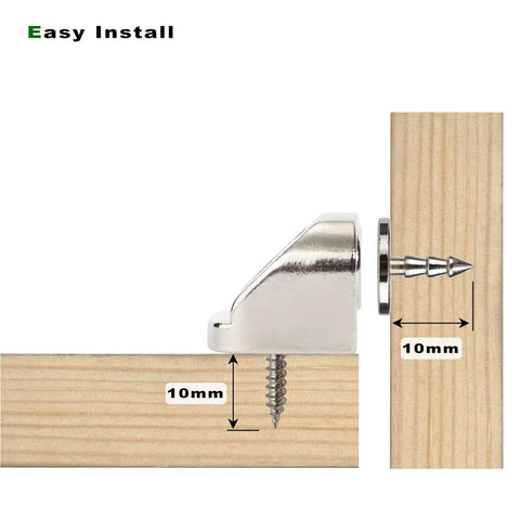Premium Four Piece Magnetic Cabinet Door Catch Kit With Durable Iron Spur Mount And Classic Nickel Finish Effortless Tool Install For Cupboards And Drawers Hella Strong Hold Smooth Quiet Cabinet Latch shown with screw dimensions on wood.