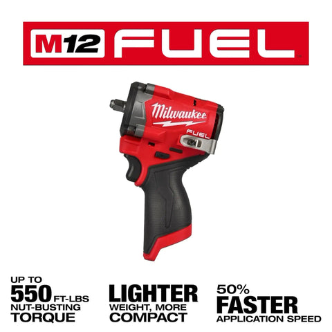 M12 FUEL Stubby 3/8 Inch Impact Wrench Bare Tool For High Torque And Tight Spaces, Up To 550 Ft-Lbs Nut Busting Power