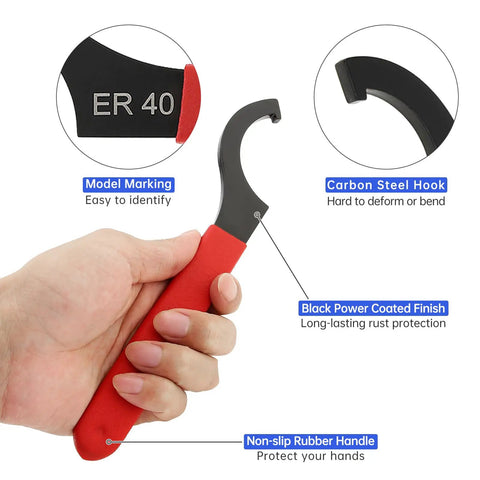 Hand holding a Beefy ER40 Coilover Spanner Wrench With Adjustable Jaw And Non Slip Handle C Shape Hook For Collet Chuck Lathe Clamping Nut And CNC ER40 Carbon Steel Black Powder Coat, showing details and features.