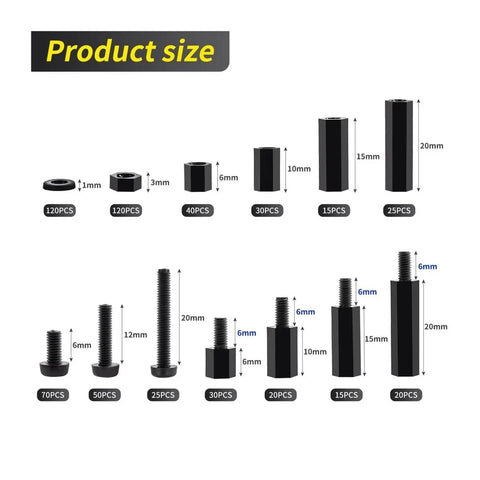 580 Piece M3 Black Nylon PCB Standoff Mounting Kit With Screws Nuts And Washers For PCB Installations Chassis And DIY Electronics Builds With Insulated Corrosion Resistant Spacers And Vibration Dampening Build Ready For Your Next Rig, size chart