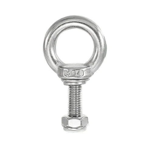 Rugged 304 Stainless Steel Eye Bolt M8x40mm With Lock Nuts And Spring Washers For Lifting, Hanging, And Tie Down Heavy Loads On Trailers, Trucks, And Outdoor Gear. Front view.