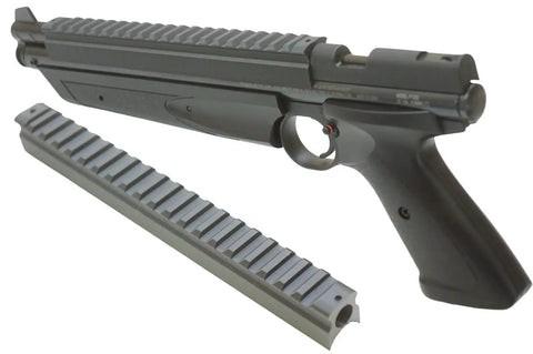 Scope Rail Mount Adapter for Crosman 1377 1322 shown detached with 8.25 inch 21-slot 20mm top rail and air pistol
