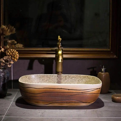 Slick Vintage Rectangular Vessel Sink For Above Counter Vanities, 16 Inch Porcelain Ceramic Wash Basin with artistic glaze
