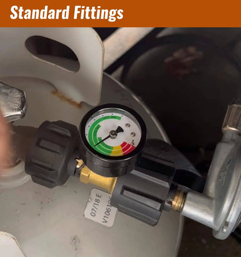 Three Color Coded Propane Tank Gauge Universal for 5 to 40 Pound LP Tanks with QCC1 Type 1 Connection installed on tank
