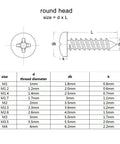 Heavy Duty Black Steel Micro Phillips Wood Screws Round Pan Head Self Tapping Hardware Kit size chart with dimensions.
