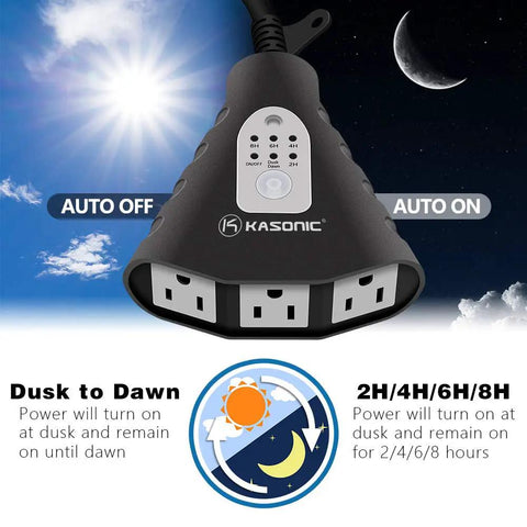 Kickass Waterproof Plug In Outdoor Light Timer With Remote Control And Automatic Dusk To Dawn Sensor Switch For Yard Halloween Christmas Seasonal Lighting with dusk sensor, 3 outlets.