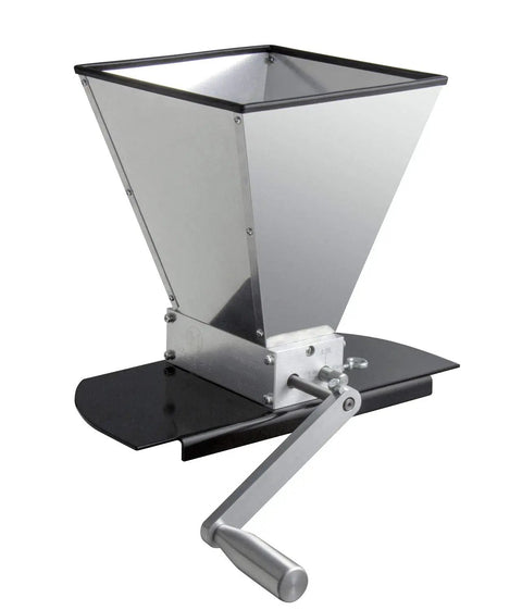 Grain Mill With 7 Lb Aluminum Hopper And Two Beefy Adjustable Gap Rollers For Hand Crank Or Drill Powered Milling Integral Drive Shaft And A Black Base That Fits Over A Standard 5 Gallon Bucket