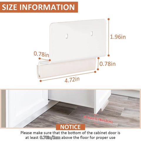 Hands Free Cabinet Foot Pull For Trash Cans And Doors Universal Mounting Kit, white, size details with cabinet installation diagram