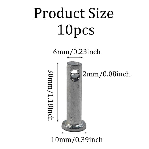 Ten Pack Single Hole Clevis Pins M6 X 30 Flat Head Zinc Plated Steel For Mechanical Linkage Fixed Parts Ship Rigging And Hinge Applications Durable Hardware For Quick Secure Fits, size diagram
