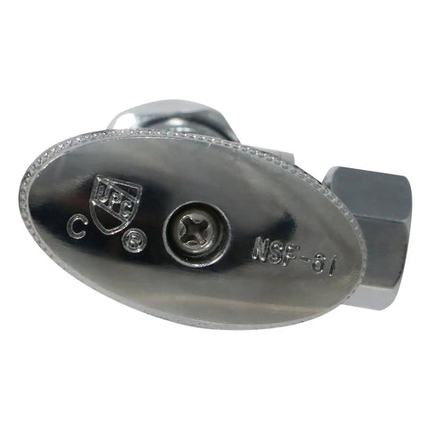 Close-up of NSF 61 certified CPVC angle stop valve showing engraved markings