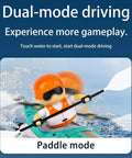 Rad Remote Control Boat For Pool And Lake paddling in water, showcasing dual-mode driving feature with animated character and paddle
