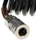 Boss Level 25 Foot Air Hose With Swivel Whip Fittings For Pro Garage And Auto Shop Crews Using 1 4 Inch Npt Pneumatic Connectors Hybrid Rubber Polyurethane Design Gives You Flexibility No Kinks At 200 Psi Pressure All Season Weather Is Awesome. coiled black air hose with metal 1/4 inch NPT swivel fitting