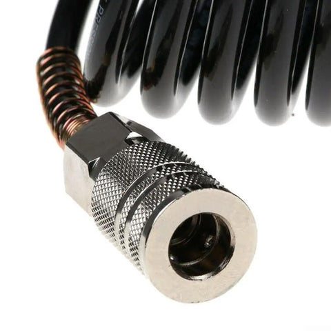 Boss Level 25 Foot Air Hose With Swivel Whip Fittings For Pro Garage And Auto Shop Crews Using 1 4 Inch Npt Pneumatic Connectors Hybrid Rubber Polyurethane Design Gives You Flexibility No Kinks At 200 Psi Pressure All Season Weather Is Awesome. coiled black air hose with metal 1/4 inch NPT swivel fitting