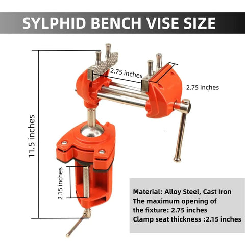 Shop Ready 3 Inch Heavy Duty Bench Vise With Rock Solid 360 Degree Ball Joint Tilt And Secure Clamp Mount For Garage Workshops Crafted From Durable Cast Steel Workshop Tools showing size dimensions and material details.