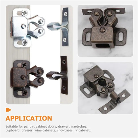 Double Roller Door Catch Cabinet Latch Set 20 Pcs Cold Rolled Steel Construction Built Tough With Superior Wear And Corrosion Resistance Durable Drawer And Wine Cabinet Hardware For Smooth Secure Closing shown in application on cabinet doors, showcasing metal latch details.