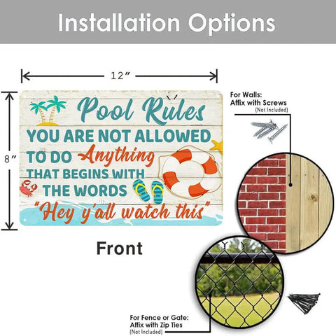Funny Pool Signs Outdoor Pool Rules Sign 8 By 12 Inches Vintage Metal Tin Wall Decor installation options for backyard.