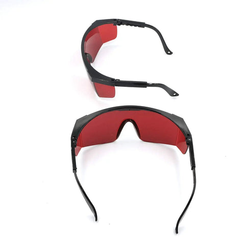 Pro Grade Laser Safety Glasses 2 Pack With Rich Red Lenses For Complete 190Nm To 540Nm Blocking viewed from the front and side.
