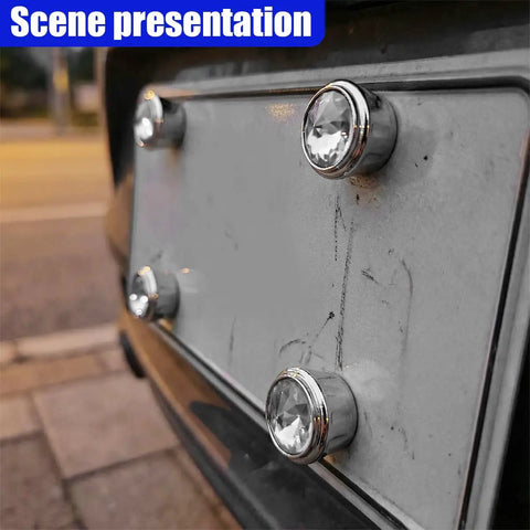 Smooth Shine Sparkling Rhinestone License Plate Screws With Security Anti Theft Caps Drop Dead Tough Rustproof Aluminum Bolt Kit For Your Sweet Custom Ride White installed on a vehicle.