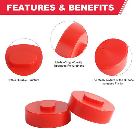 4 Pack Red Polyurethane Jack Pad Support Points For Porsche 911 924S 944. Durable red lifting blocks showing mesh texture for added friction.