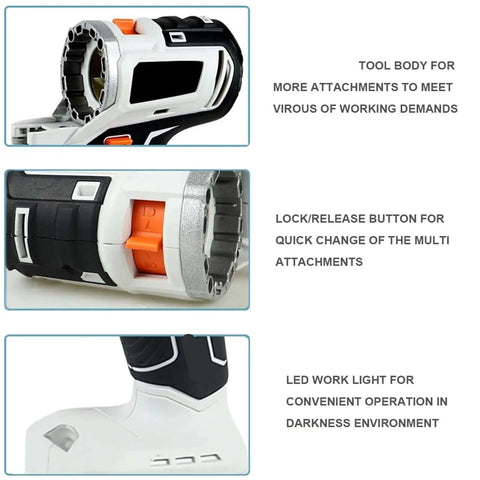 Cordless 10-in-1 Brushless Tool Combo Kit features a tool body with a lock/release button and LED work light for multi-attachments.