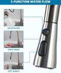 Premium Stainless Steel Faucet Head Replacement With Three Spray Modes And Brushed Nickel Finish Universal Kitchen Attachment Kit features buttons for three spray flows.