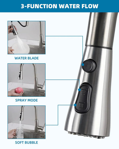 Premium Stainless Steel Faucet Head Replacement With Three Spray Modes And Brushed Nickel Finish Universal Kitchen Attachment Kit features buttons for three spray flows.