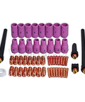 All In One TIG Welding Consumables Kit For 9 20 And 25 Series Torches 53 Pieces With Alumina Cup Back Caps Collets And Tips Compatible With Lincoln PTA 9 20 25 Miller Diamondback DB9 DB20 DB25 Weldcraft WP 9 20 25 displaying purple alumina cups, copper collets, and black back caps