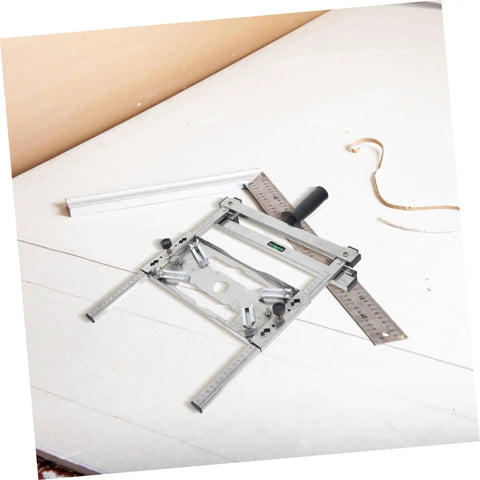 Heavy Duty Adjustable Cutting Machine Support Frame With Edge Guide Positioner for precise alignment on a work surface.