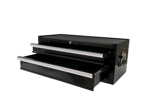 Beefy Two Drawer Portable Metal Tool Chest Cabinet With Ball Bearing Drawer Slides And 26 Inch Steel Storage Box Organizer Central Cam Lock Non Slip Drawer Liners Black