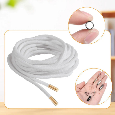 24 Pack Pro Grade Metal Cord End Caps for shoelaces and drawstrings, featuring durable zinc alloy lace tips with easy install shown