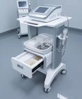 Straight Up Perfect Beauty Salon Cart Featuring Smooth Rolling Trolley Pull Out Drawer And Roomy Top Tray For Cosmetics with silver equipment.