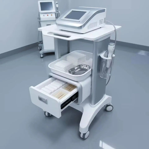 Straight Up Perfect Beauty Salon Cart Featuring Smooth Rolling Trolley Pull Out Drawer And Roomy Top Tray For Cosmetics with silver equipment.
