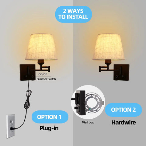 Must Have Bedside Wall Lamp With Dimmable Switch And USB Outlet Swing Arm Fabric Shade Sconce In Black For Bedroom Living Room Or Hotel Plug In Cord Included shown in two installation options, plug-in and hardwire.