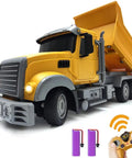Remote Control Dump Truck Toy with LED Lights, 6-channel radio, batteries, and controller, realistic construction vehicle for kids